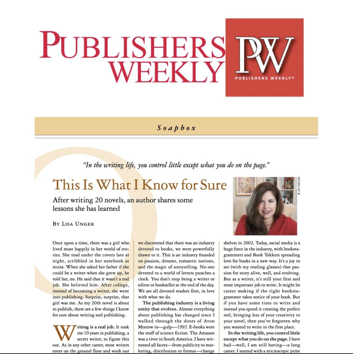 Publishers Weekly Soapbox - Lisa Unger